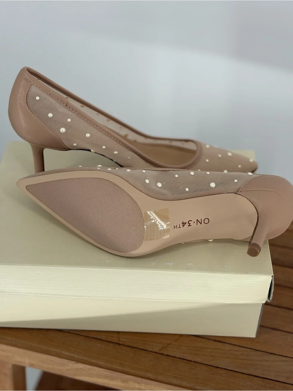 New On 34th Nude Pointed Toe Pearl-Embellished Flats size 7.5 M